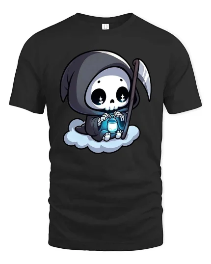 Cute Grim Reaper Cartoon Lantern Cloud Funny Goth Tshirt - black t-shirt on white background