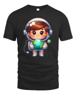 Cute Astronaut Holding Earth Cartoon Space Adventure Tshirt - black t-shirt on white background
