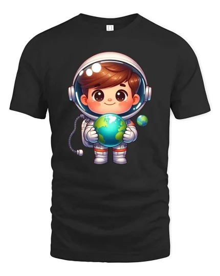 Cute Astronaut Holding Earth Cartoon Space Adventure Tshirt - black t-shirt on white background