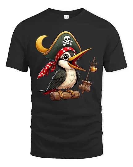 Funny Pirate Bird Cartoon Adventure Cute Graphic Tshirt - black t-shirt on white background