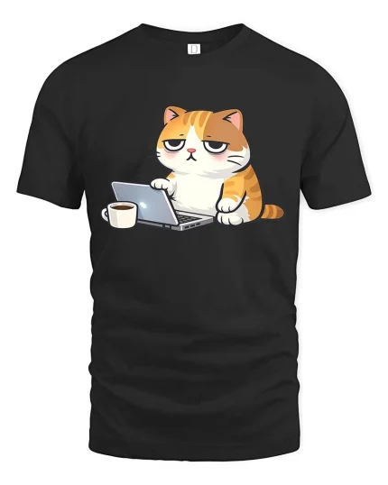 Funny Lazy Cat Working On Laptop Coffee Cartoon Tshirt - black t-shirt on white background