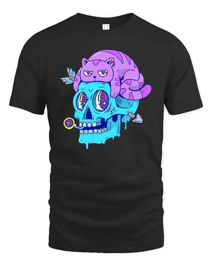 Trippy Skull With Lazy Cat Weird Surreal Cartoon Tshirt - black t-shirt on white background