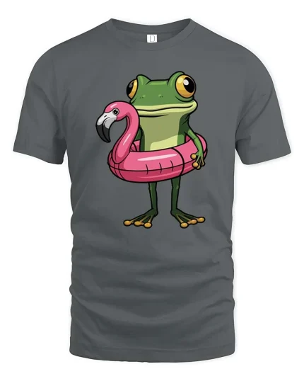 Funny Frog Flamingo Pool Float Cartoon Summer Tshirt Gift - gray t-shirt on white background