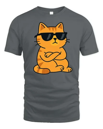 Cool Cat Wearing Sunglasses Funny Attitude Cartoon Tshirt - gray t-shirt on white background
