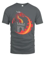 Fire Dragon Castle Fantasy Medieval Myth Graphic Tshirt - gray t-shirt on white background