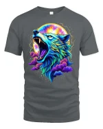 Colorful Cosmic Wolf Howling Galaxy Fantasy Art Tshirt - gray t-shirt on white background
