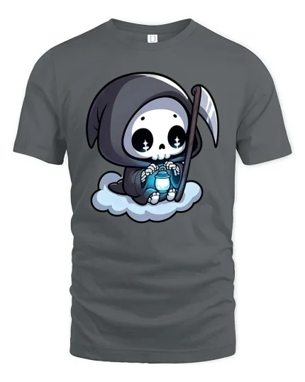 Cute Grim Reaper Cartoon Lantern Cloud Funny Goth Tshirt - gray t-shirt on white background