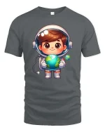 Cute Astronaut Holding Earth Cartoon Space Adventure Tshirt - gray t-shirt on white background