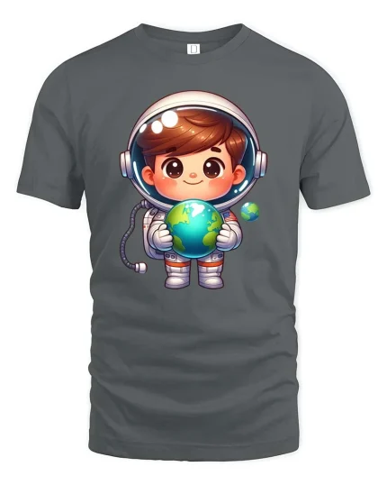 Cute Astronaut Holding Earth Cartoon Space Adventure Tshirt - gray t-shirt on white background