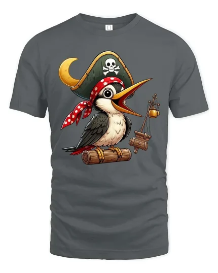 Funny Pirate Bird Cartoon Adventure Cute Graphic Tshirt - gray t-shirt on white background