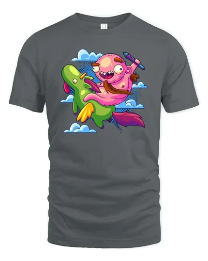 Funny Cartoon Man Riding Flying Bird Weird Humor Tshirt - gray t-shirt on white background