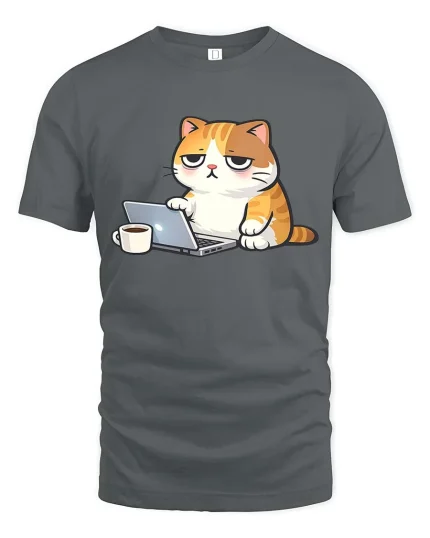 Funny Lazy Cat Working On Laptop Coffee Cartoon Tshirt - gray t-shirt on white background