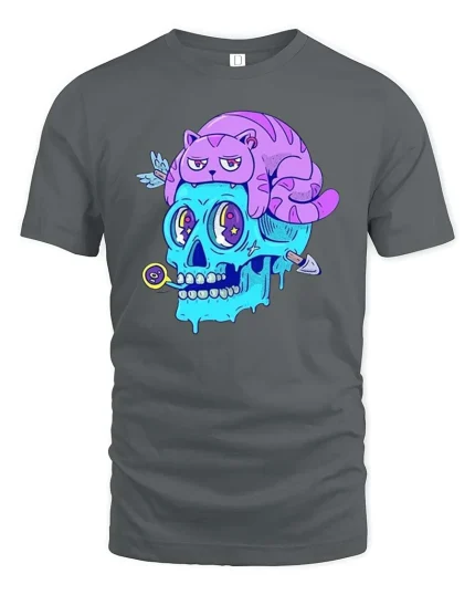 Trippy Skull With Lazy Cat Weird Surreal Cartoon Tshirt - gray t-shirt on white background