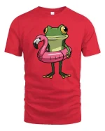 Funny Frog Flamingo Pool Float Cartoon Summer Tshirt Gift - red t-shirt on white background