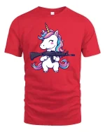 Cute Unicorn Soldier Gun Funny Graphic Tshirt Soft Feel - red t-shirt on white background