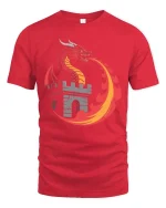 Fire Dragon Castle Fantasy Medieval Myth Graphic Tshirt - red t-shirt on white background