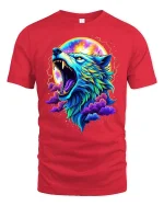 Colorful Cosmic Wolf Howling Galaxy Fantasy Art Tshirt - red t-shirt on white background