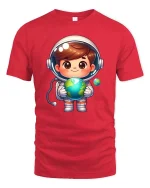 Cute Astronaut Holding Earth Cartoon Space Adventure Tshirt - red t-shirt on white background