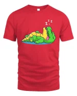 Funny Sleeping Crocodile Cartoon Lazy Relax Chill Tshirt - red t-shirt on white background