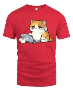 Funny Lazy Cat Working On Laptop Coffee Cartoon Tshirt - red t-shirt on white background