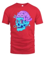 Trippy Skull With Lazy Cat Weird Surreal Cartoon Tshirt - red t-shirt on white background