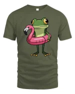 Funny Frog Flamingo Pool Float Cartoon Summer Tshirt Gift - military green t-shirt on white background