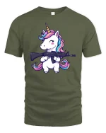 Cute Unicorn Soldier Gun Funny Graphic Tshirt Soft Feel - military green t-shirt on white background