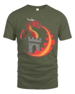 Fire Dragon Castle Fantasy Medieval Myth Graphic Tshirt - military green t-shirt on white background