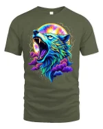 Colorful Cosmic Wolf Howling Galaxy Fantasy Art Tshirt - military green t-shirt on white background