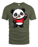Cute Panda Eating Bamboo Cartoon Kawaii Animal Tshirt - military green t-shirt on white background