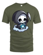 Cute Grim Reaper Cartoon Lantern Cloud Funny Goth Tshirt - military green t-shirt on white background