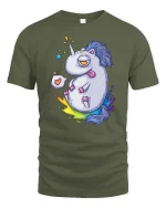 Funny Silly Unicorn Cartoon Rainbow Weird Cute Tshirt - military green t-shirt on white background