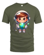 Cute Astronaut Holding Earth Cartoon Space Adventure Tshirt - military green t-shirt on white background