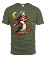 Funny Pirate Bird Cartoon Adventure Cute Graphic Tshirt - military green t-shirt on white background