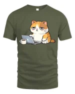 Funny Lazy Cat Working On Laptop Coffee Cartoon Tshirt - military green t-shirt on white background