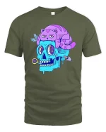 Trippy Skull With Lazy Cat Weird Surreal Cartoon Tshirt - military green t-shirt on white background