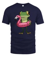 Funny Frog Flamingo Pool Float Cartoon Summer Tshirt Gift - navy t-shirt on white background