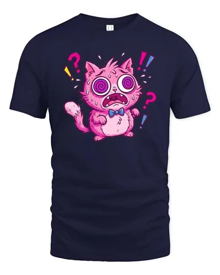 Funny Hypnotized Cat Cartoon Confused Cute Graphic Tshirt - navy t-shirt on white background