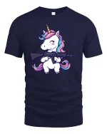 Cute Unicorn Soldier Gun Funny Graphic Tshirt Soft Feel - navy t-shirt on white background