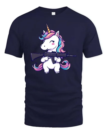 Cute Unicorn Soldier Gun Funny Graphic Tshirt Soft Feel - navy t-shirt on white background