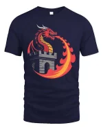 Fire Dragon Castle Fantasy Medieval Myth Graphic Tshirt - navy t-shirt on white background