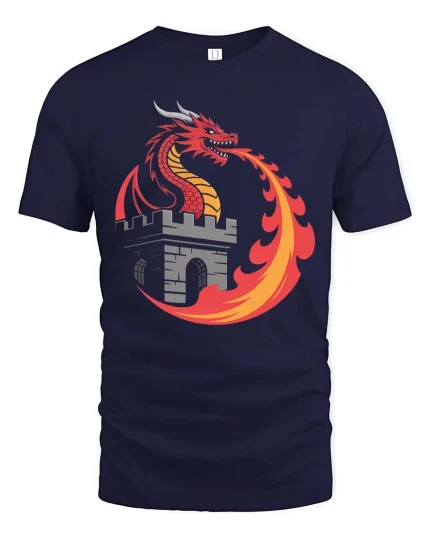 Fire Dragon Castle Fantasy Medieval Myth Graphic Tshirt - navy t-shirt on white background