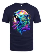 Colorful Cosmic Wolf Howling Galaxy Fantasy Art Tshirt - navy t-shirt on white background