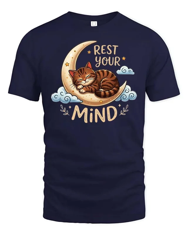 Rest Your Mind Sleeping Cat Moon Cute Relax Quote Tshirt - navy t-shirt on white background