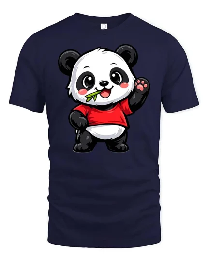 Cute Panda Eating Bamboo Cartoon Kawaii Animal Tshirt - navy t-shirt on white background