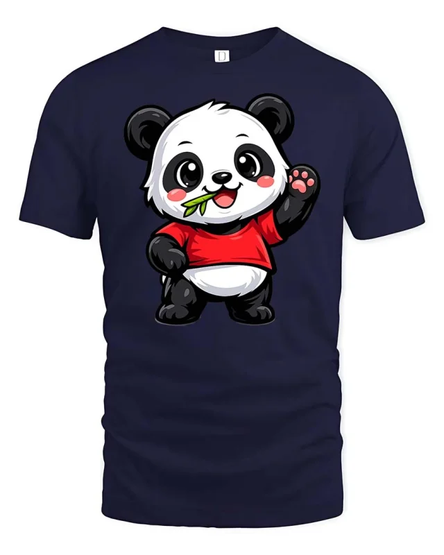 Cute Panda Eating Bamboo Cartoon Kawaii Animal Tshirt - navy t-shirt on white background