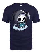 Cute Grim Reaper Cartoon Lantern Cloud Funny Goth Tshirt - navy t-shirt on white background