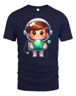 Cute Astronaut Holding Earth Cartoon Space Adventure Tshirt - navy t-shirt on white background