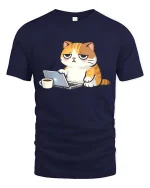 Funny Lazy Cat Working On Laptop Coffee Cartoon Tshirt - navy t-shirt on white background