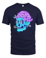 Trippy Skull With Lazy Cat Weird Surreal Cartoon Tshirt - navy t-shirt on white background